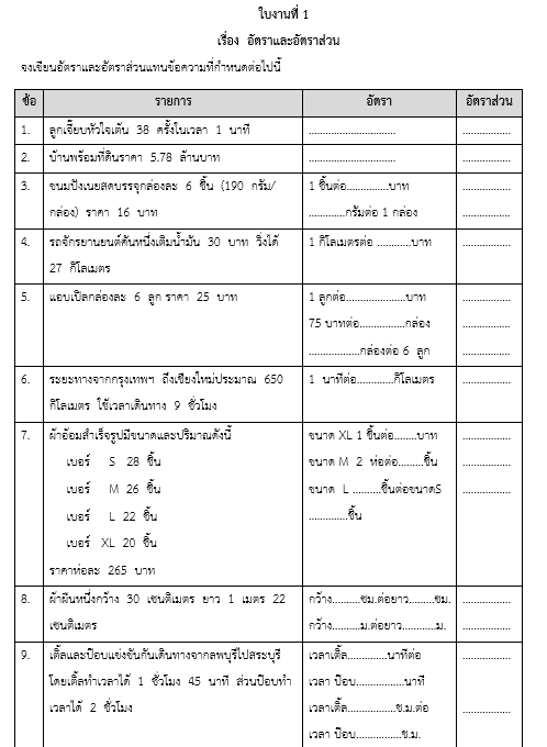 ใบงานที่ 1
     เรื่อง  อัตราและอัตราส่วน
