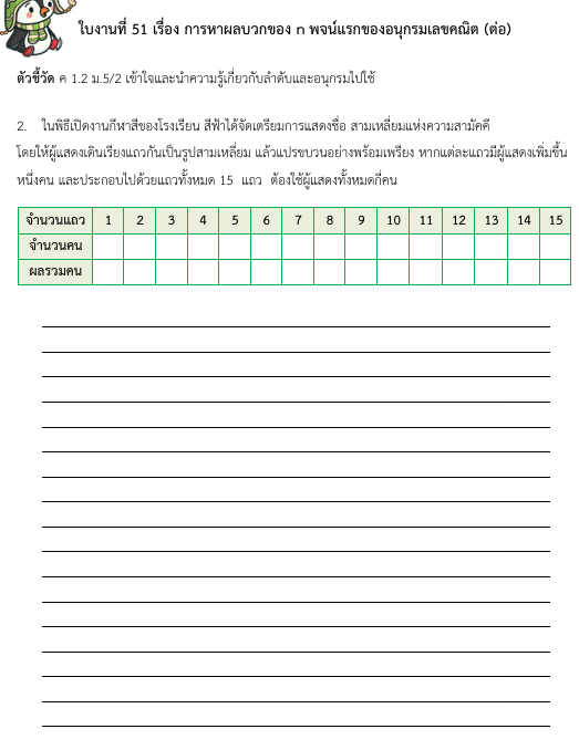 ใบงานที่ 51 เรื่อง การหาผลบวกของ n พจน์แรกของอนุกรมเลขคณิต (ต่อ) 