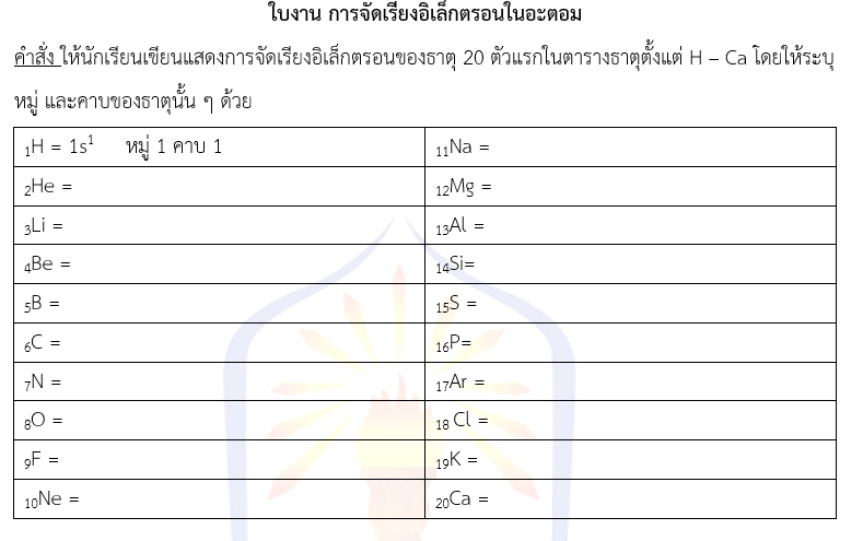 ใบงาน การจัดเรียงอิเล็กตรอนในอะตอม