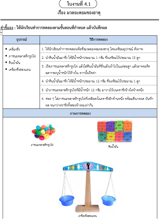 ใบงานที่ 4.1
เรื่อง มวลอะตอมของธาตุ
