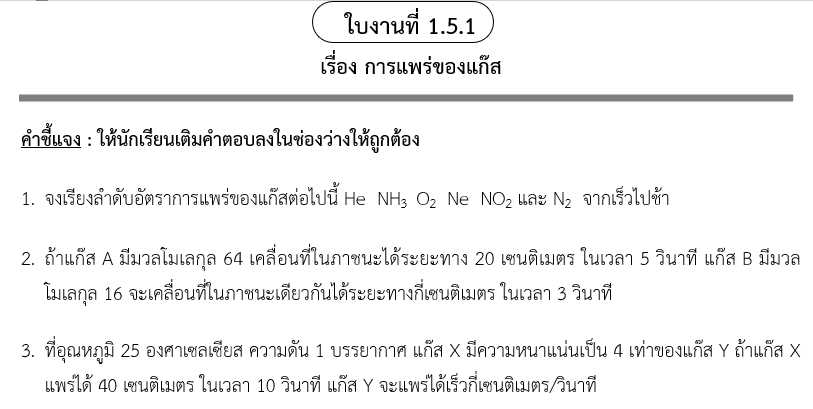 ใบงานที่ 1.5.1
เรื่อง การแพร่ของแก๊ส
