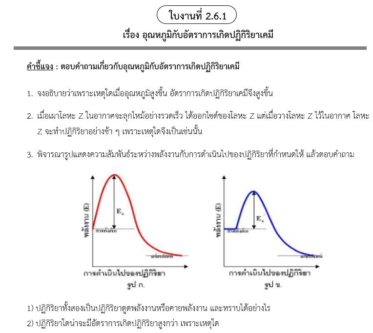 ใบงานที่ 2.6.1
เรื่อง อุณหภูมิกับอัตราการเกิดปฏิกิริยาเคมี
