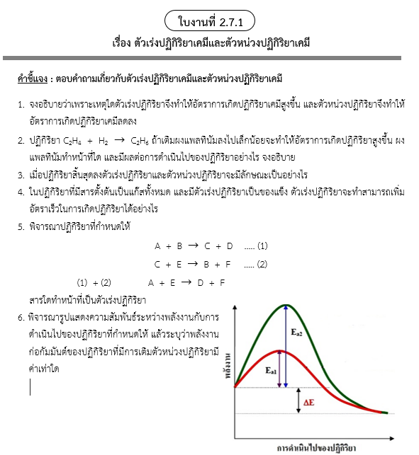 ใบงานที่ 2.7.1
เรื่อง ตัวเร่งปฏิกิริยาเคมีและตัวหน่วงปฏิกิริยาเคมี

