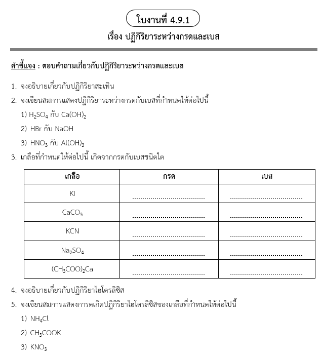 ใบงานที่ 4.9.1
เรื่อง ปฏิกิริยาระหว่างกรดและเบส
