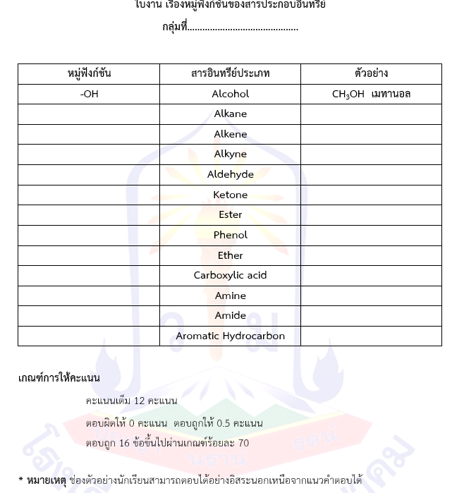 ใบงาน เรื่องหมู่ฟังก์ชันของสารประกอบอินทรีย์