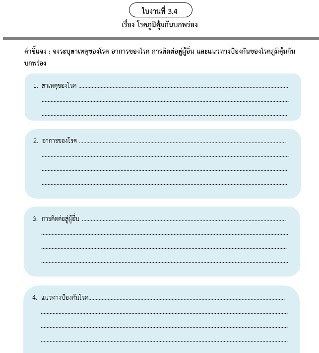 ใบงานที่ 3.4
เรื่อง โรคภูมิคุ้มกันบกพร่อง
