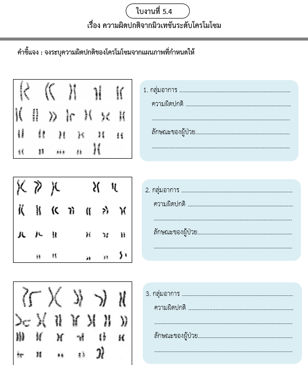 ใบงานที่ 5.4
เรื่อง ความผิดปกติจากมิวเทชันระดับโครโมโซม
