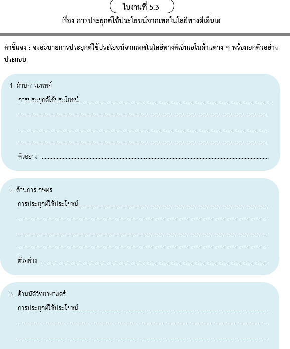 ใบงานที่ 5.3
เรื่อง การประยุกต์ใช้ประโยชน์จากเทคโนโลยีทางดีเอ็นเอ
